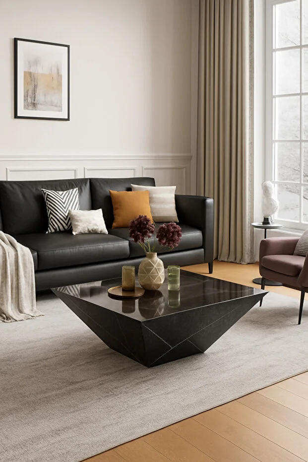 Daniel Kare Prizma Orta Sehpa, Siyah Ahşap Mermer Desenli